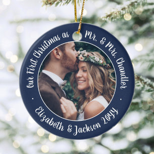 2 Foto Mr & Mrs. 1:a Julskriften Navy & White Julgransprydnad Keramik