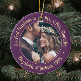 2 Foto Mr & Mrs. 1:a julskript Plum Lila Julgransprydnad Keramik