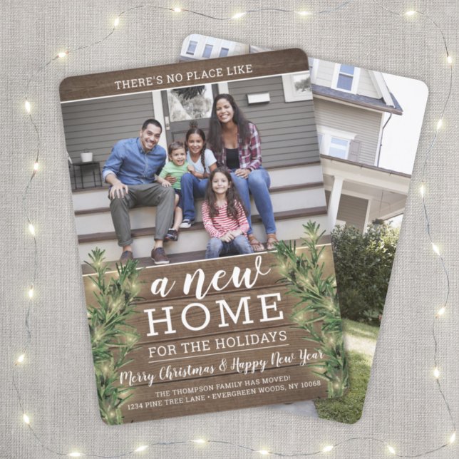 2 Foto New Home Adress String Ljus Gräs & Wood Julkort (Skapare uppladdad)