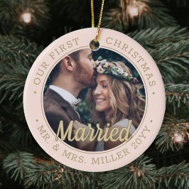 2 Foto Newlyweds 1:a Julafton Gift  Rosa Guld Julgransprydnad Keramik