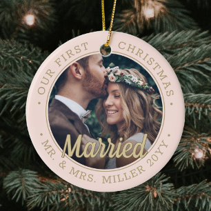 2 Foto Newlyweds 1:a Julafton Gift  Rosa Guld Julgransprydnad Keramik