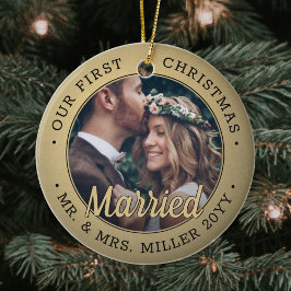 2 Foto Newlyweds 1:a Julafton, gift svart och Guld Julgransprydnad Keramik