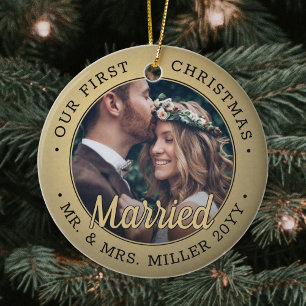 2 Foto Newlyweds 1:a Julafton, gift svart och Guld Julgransprydnad Keramik