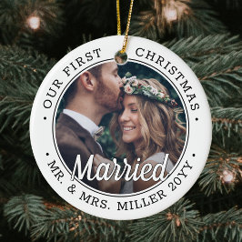 2 Foto Newlyweds 1:a Julafton Married Black and Wh Julgransprydnad Keramik