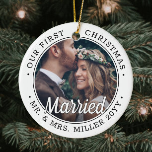 2 Foto Newlyweds 1:a Julafton Married Black and Wh Julgransprydnad Keramik