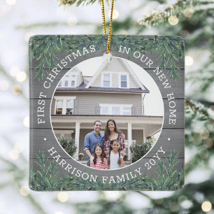 2 Foto nytt hem 1:a Julafton Faux Grått Wood & Grä Julgransprydnad Keramik