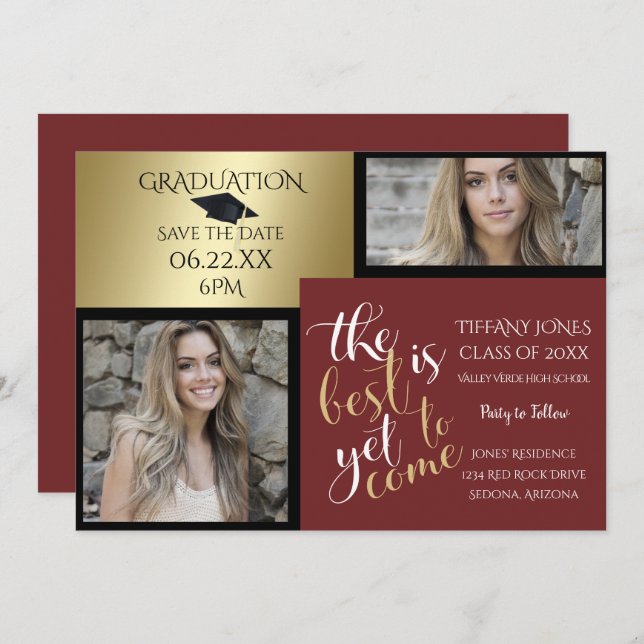 2 FOTO OCH VÄLJ FÄRG Burgundy Studenten Inbjudningar (Fram/baksida)