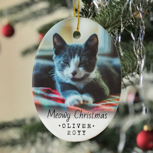 2 Foto på valfri text Meowy jul Katt enkel vit Julgransprydnad Keramik