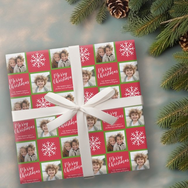 2 Foto - Röd Grönt God jul Snöflingor Presentpapper (Personalized wrapping paper with 2 photos)