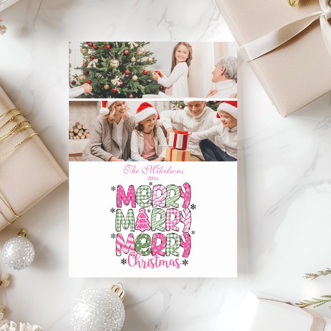 2 Foto Rosa Grön God Jul Högtid Julkort (Skapare uppladdad)