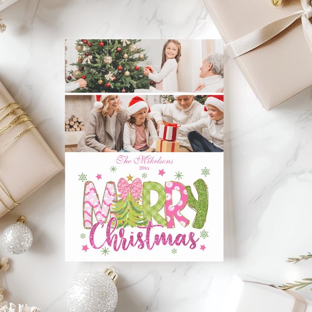 2 Foto Rosa Grön Slinga Träd God Jul Julkort (Skapare uppladdad)