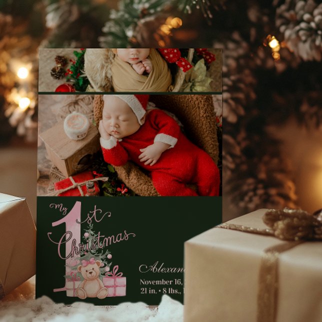 2 Foto Rosa Grönt Baby Första jul Julkort (Skapare uppladdad)