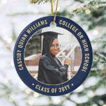 2 Foto Studenten Elegant Modern Navy Blue & Guld Julgransprydnad Keramik<br><div class="desc">Minneshögtidlighålla student prestation med en elegant marinblå och guld anpassningsbar två foto runt studenten julprydnad. Bilder och all text är enkla att anpassa och kan vara olika framtill och bakåt. (IMAGE & TEXT DESIGN TIPS: 1) Lägg till blanksteg i början eller slutet om du vill justera skrivläget. 2) Om du...</div>