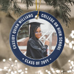 2 Foto Studenten Elegant Modern Navy Blue White Julgransprydnad Keramik<br><div class="desc">Minneshögtidlighålla student prestation med en elegant marin blå och vit anpassningsbar två foto runt studenten julprydnad. Bilder och all text är enkla att anpassa och kan vara olika framtill och bakåt. (IMAGE & TEXT DESIGN TIPS: 1) Lägg till blanksteg i början eller slutet om du vill justera skrivläget. 2) Om...</div>