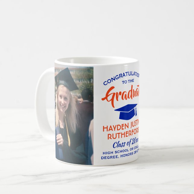 2 Foto Studenten Gratulerar Modern Orange och blå Kaffemugg (Framsida vänster)