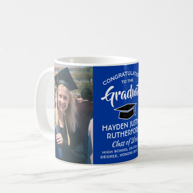 2 Foto Studenten Gratulerart Royal blått och vitt Kaffemugg (Framsida vänster)