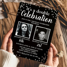 2 Foto Svart Silver Födelsedagsinbjudan Inbjudningar