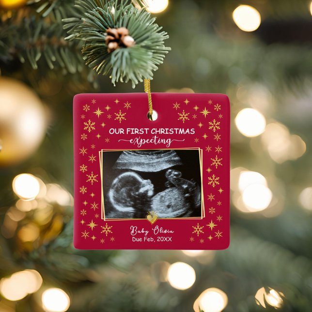2-foto Ultraljud 1:a Julaftonen väntar på Keepsak Julgransprydnad Keramik (2 photo ultrasound 1st christmas expecting keepsake ornament)