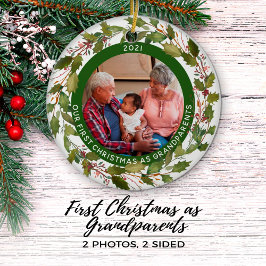 2-foto Vår första jul som morföräldrars andetag Julgransprydnad Keramik