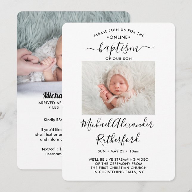 2 Foto Virtuell baptism Christening Boy eller Girl Inbjudningar (Fram/baksida)