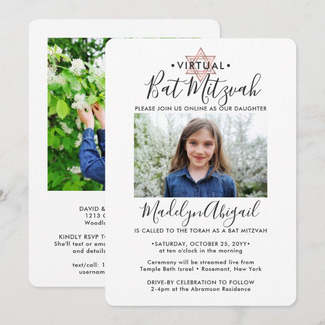 2 Foto Virtuell Bat mitzvah modern Rosa ros Guld Inbjudningar (Fram/baksida)