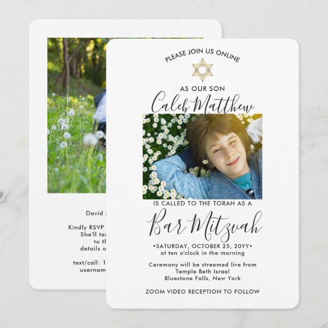 2 Foto Virtuellt Zoom Pub Mitzvah Modern Livestrea Inbjudningar (Fram/baksida)