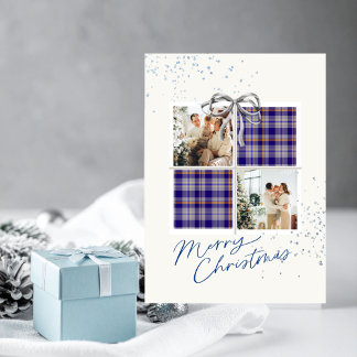 2 Foto X-mas Presentkort Blå Tartan Silverbåge Inbjudningar