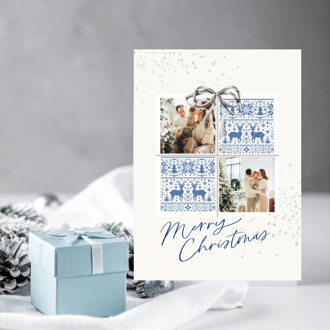 2-Foto X-mas Presentkort Nordic Knits Silver Bow Inbjudningar (Christmas card with two photo frames and nordic blue knit pattern)
