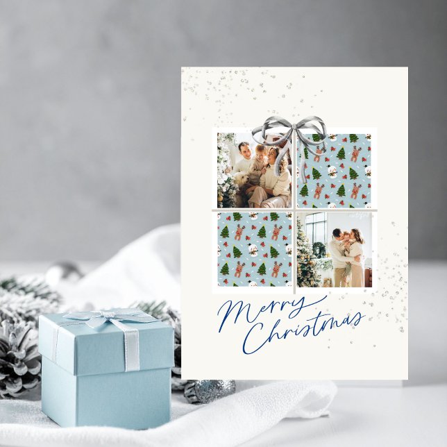 2-Foto X-mas Presentkort Rudolph Firs Silver Bow Inbjudningar (Christmas card with two photo frames and festive holiday details)