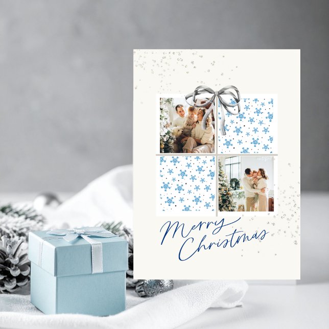 2 Foto X-mas Presentkort Snöstjärnor Silverbåge Inbjudningar (Personalized Christmas card with two photo frames and festive holiday details)