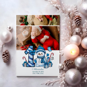 2 Fotoblått Snögubbe - första jul Julkort