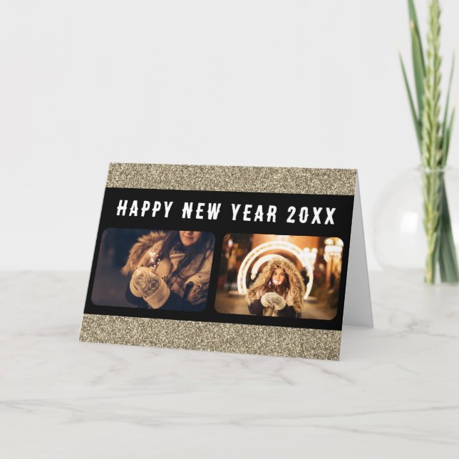 2 Fotocollage Guld Glitter Gott Nytt År 2023  Helgkort (Framsida)
