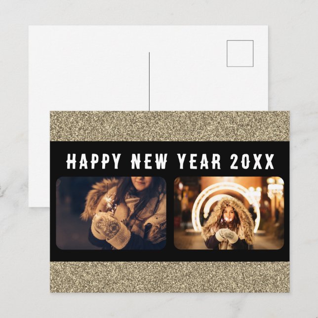 2 Fotocollage Guld Glitter Gott Nytt År 2026 Helg Vykort (Fram/baksida)