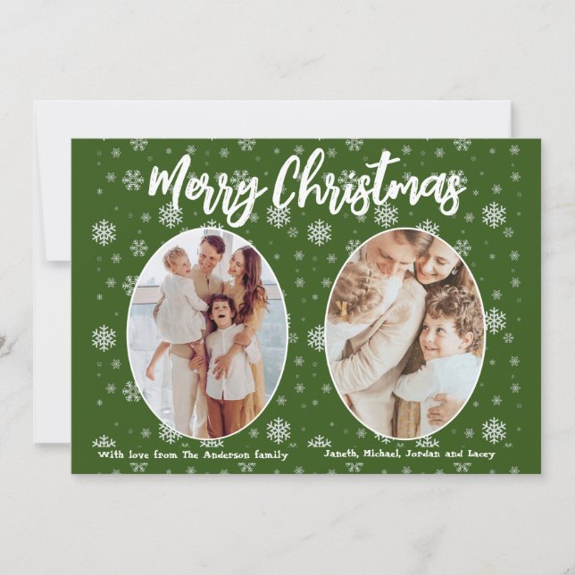 2 FotoGrönt Snöflingor Modern God jul Julkort (Framsida)