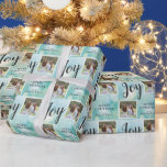 2 Fotojul-Helgdag Joy Presentpapper<br><div class="desc">Den här julklappen som är papper erbjuder två kvadratiska foto ramar för dina favoritfoton i familjen. Bakgrunden är en ljusblå elegant med vit snöflingor och den handskrivna texten "Joy" i stil. Anpassa den här presentfigursättningen för helgdag med dina foton och namn.</div>