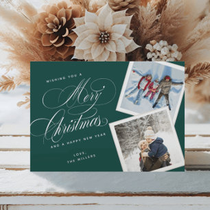 2 Fotokollage Elegant Skrift Grön Vit Julkort