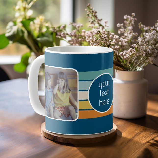 2 Fotokollage - randens blå regnbåge Kaffemugg (Personalized mug template with a funky 2 photo collage and custom text)