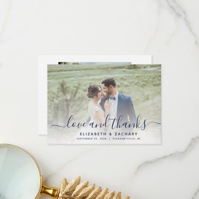 2-fotomarint blått skript Bröllop Tack Kort (Fram/Back In Situ)