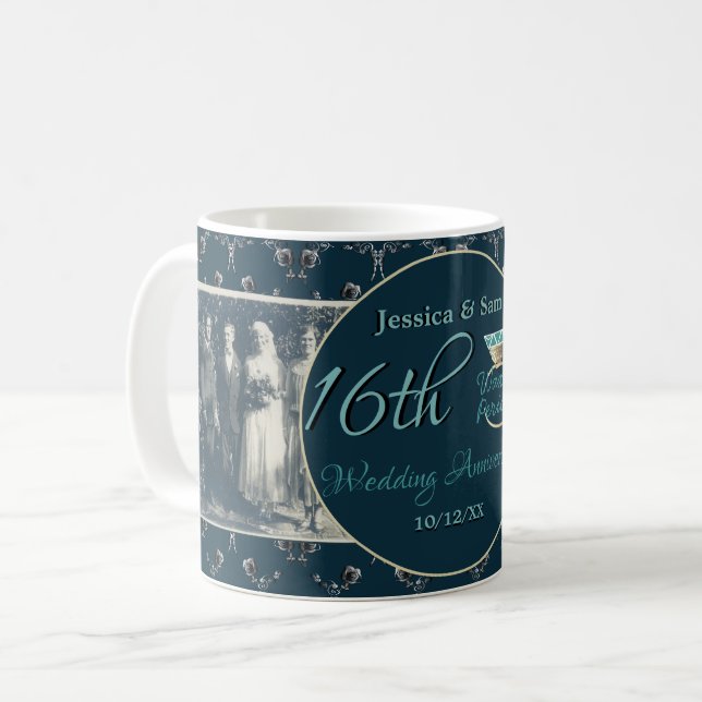 2 Foton 16:e Bröllop-årsdagen Indigo & Silver Kaffemugg (Framsida vänster)