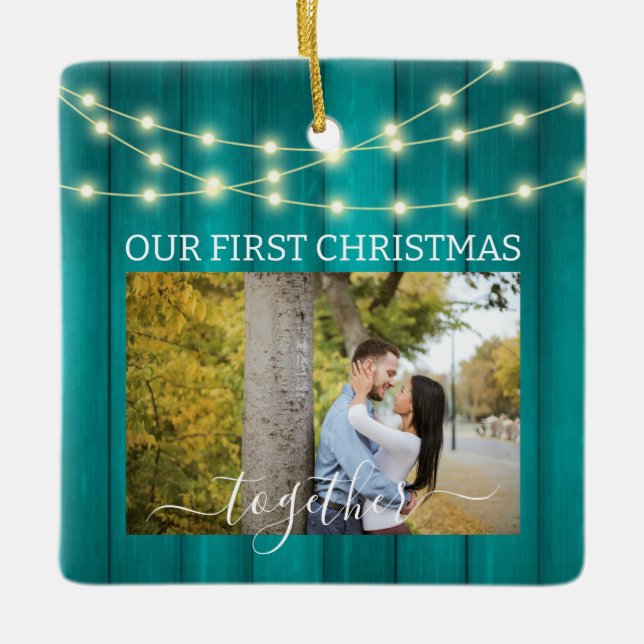 2 Foton 1:a julklapp tillsammans Teal Parquet Ligh Julgransprydnad Keramik (Framsida)