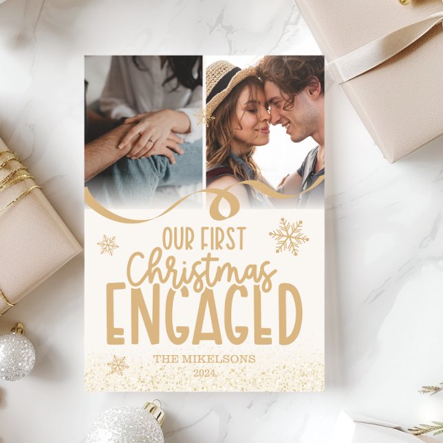 2 foton Guld Glitter Första jul Engagerad Julkort (Skapare uppladdad)
