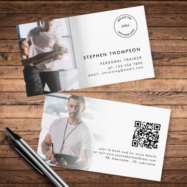 2 Foton Logotyp QR-kod Personlig tränare Visitkort (Front and back view)