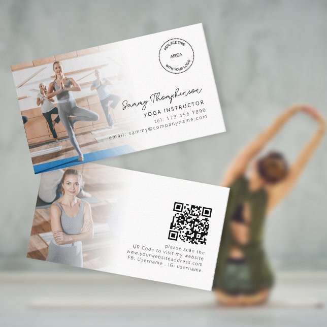 2 Foton Logotyp QR-kod Yoga Instructor Visitkort (Front and back view)