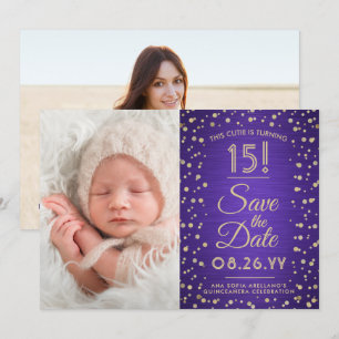 2 FotoQuinceanera Elegant Lila Guld Glitter Spara Datumet