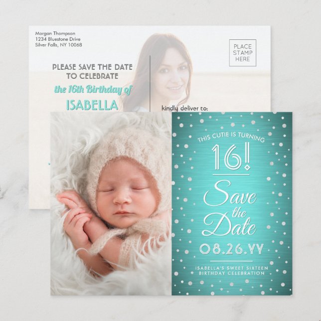 2 Fotosötat 16 födelsedagsblått Spara datum Inbjudan Vykort (Fram/baksida)