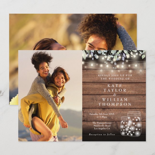 2 Fotosträng Ljus Rustic Burk Greenery Bröllop Inbjudningar (Fram/baksida)