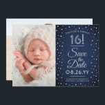 2 Fotosvett 16 Chic under dagtid Spara Datumet<br><div class="desc">Familjen Inbjudan och vänner till en kommande svensk 16:e firande för henne eller honom med den här snyggten 2 fotomarin blått, grått och faux silver 3, 5x5", förutom inbjudan om datum. Utformningen har två bilder du vill ha, modern manusyrgrafi, elegant vintage art deo-inspirerad typografi och glittery faux metallic conetti-punkter. Observera...</div>