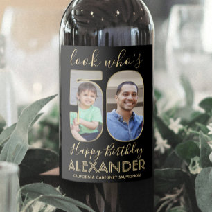 2 Fototitta på vem som är 50:e födelsedagen Black Vinflaska Etikett