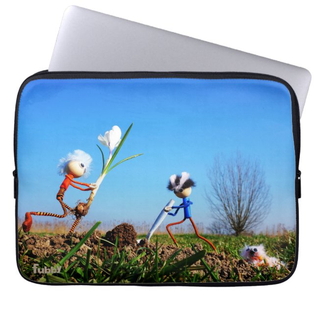 2 Fubby's die een bol krokus planten. Laptop Fodral (Framsidan)