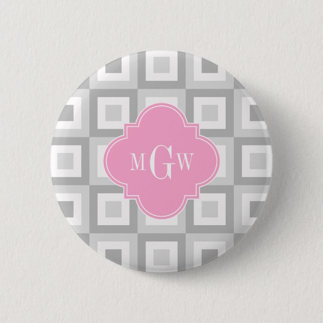 2 Grått Wht Conc Square Rosa Quatrefoil 3 monogram Knapp (Framsida)